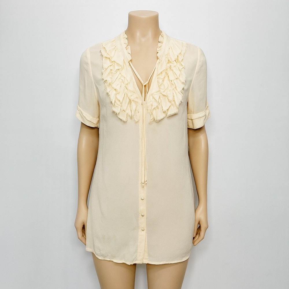 Project Alabama Silk‎ Cream Ruffle Front Button Blouse Top Women's Size 12